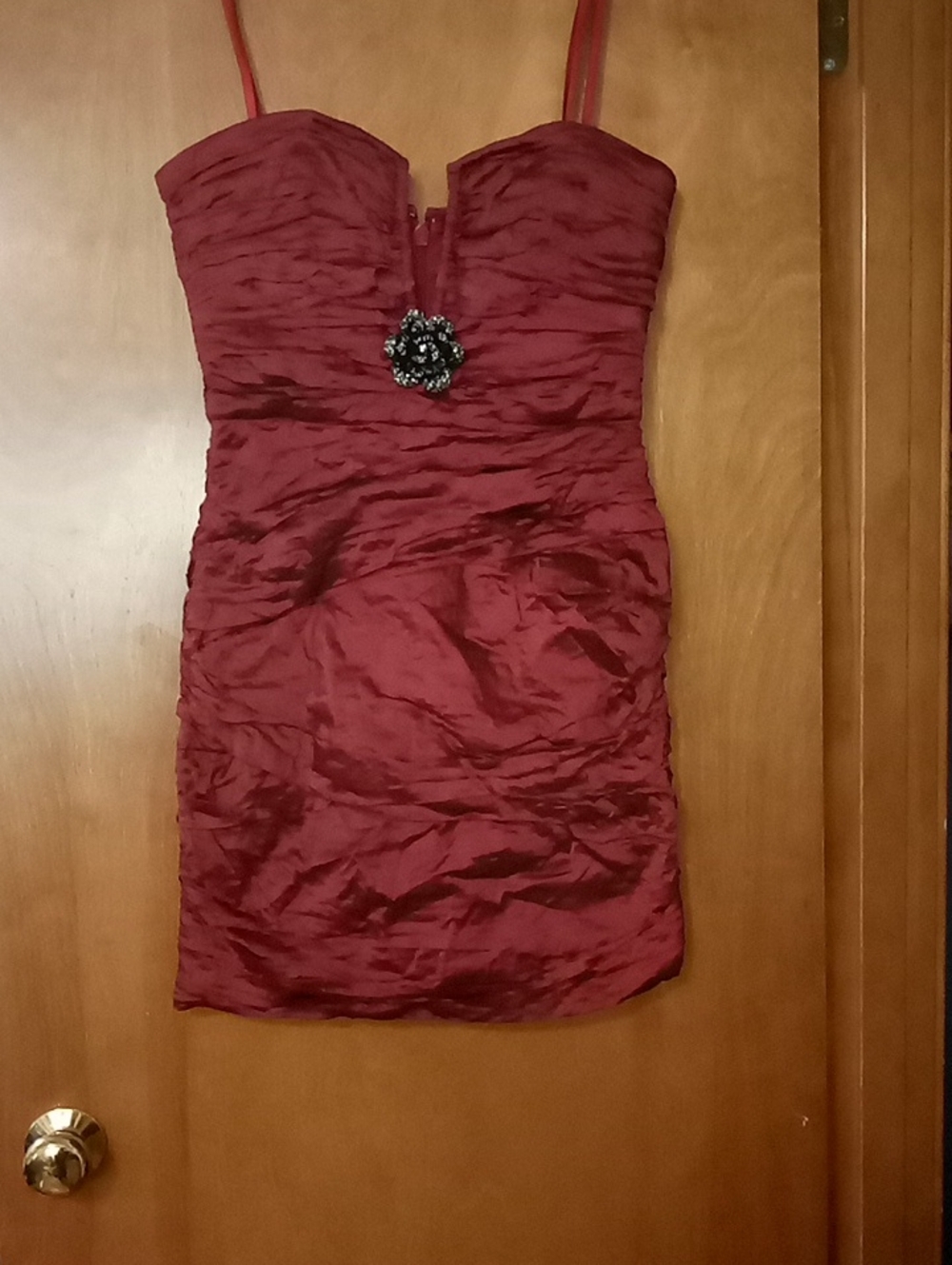 BCBGMaxAzria Strapless Burgandy Ruched Cocktail Dress with Brooch